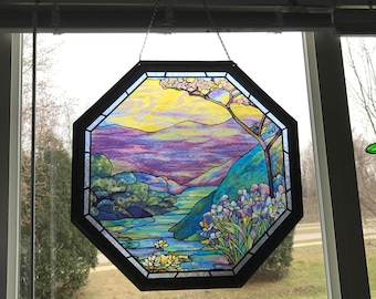 Octagonal Framed Large Stained Glass Panel ~ Louis C. Tiffany reproduction ~ Beautiful suncatcher!
