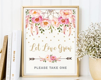 Let Love Grow Sign. Pink Gold Floral Boho Bridal Shower Printable. Bohemian Feathers Confetti Table Decor. Favors Please Take One. FLO12A