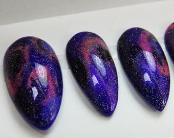 Galaxy Nails Purple Glitter Press On Nails | Space | Handpainted Nail Art | Any Shape and Size | Made to Order | !GALAXY: Magellanic Cloud