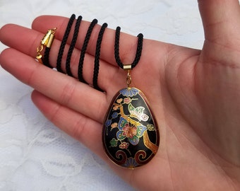 1980s Butterfly and Flower Black Cloisonne Pendant Statement Necklace with Black Rope Cord- Gold Tone