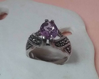 Vintage Sterling Silver Marcasite and amethyst ring