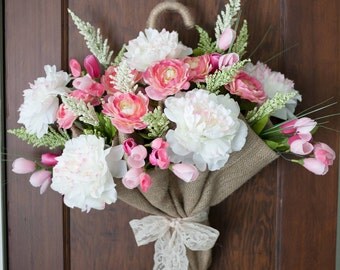 Spring Bouquet, Spring Door Hanger, Burlap Wreath, Mother's Day Gift, Housewarming Gift, Handmade Gift, Tulip, Peony, Umbrella