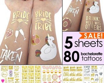 Bachelorette Tattoos - Bach Bash Pack | bachelorette party tattoo, metallic tattoo gold foil tattoo, bridesmaid gift, gold tattoo | 5 Sheets