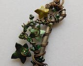 Reserved for Tammara Scott -- Ivy Vine Wire Wrapped Key Pendant -- Green Ivy Leaves, Green Swarovski Crystals, Antique Brass Wire, Steampunk