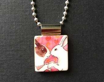 bunny necklace, handmade valentine jewelry, two bunnies necklace, recycled scrabble tile jewelry, valentine gift, rabbit jewelry, bunny gift