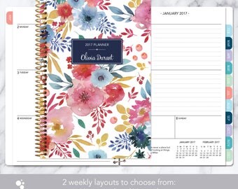 2017 planner 12 month calendar | add monthly tabs weekly student planner | personalized planner agenda | pink blue white watercolor floral