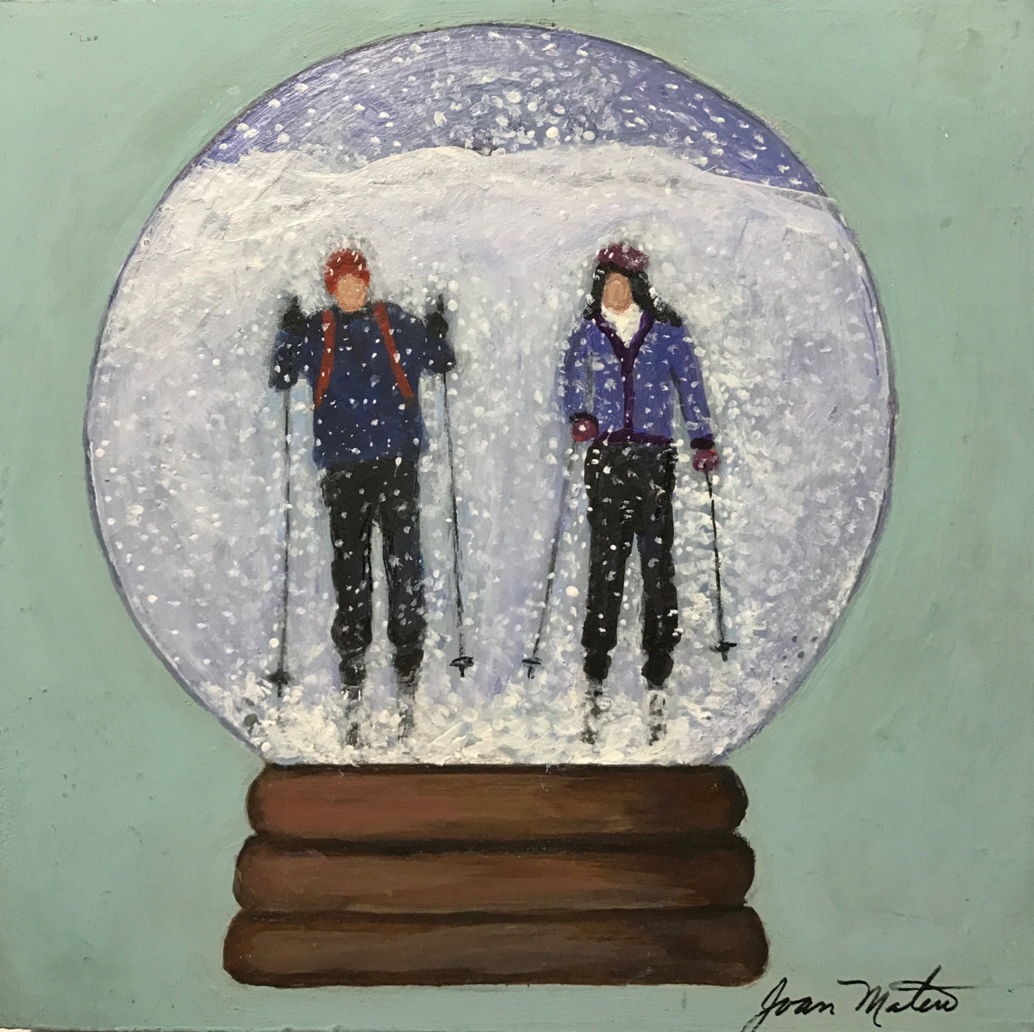 Snow globe painting of two skiers original art painting