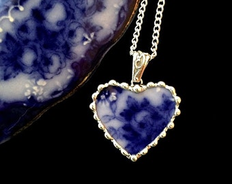 Recycled china heart pendant necklace Antique 1880s English Flow Blue broken china jewelry