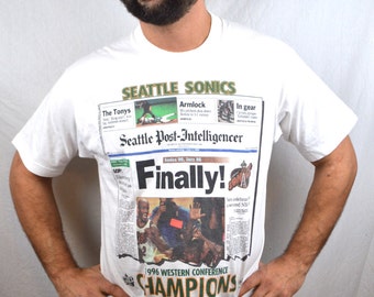 Vintage 1990s 1996 Seattle Supersonics Sonics NBA Tee Shirt TShirt - Seattle Post Intelligencer