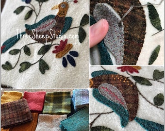 Folksy Bird and Bloom Wool Applique Pattern #WA200