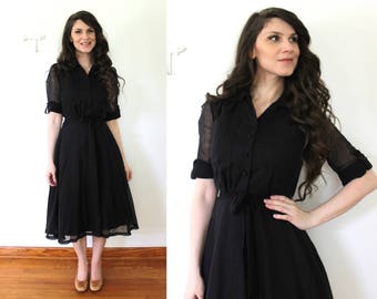 1970s does 1950s Dress / Vintage Sheer Black Full Skirt Shirtwaist Dress