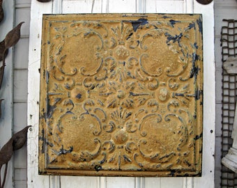 Ceiling Tin Tile, Antique FRAMED 2'x2' Pressed tin tile, Chippy old original paint, Vintage embossed metal wall decor.
