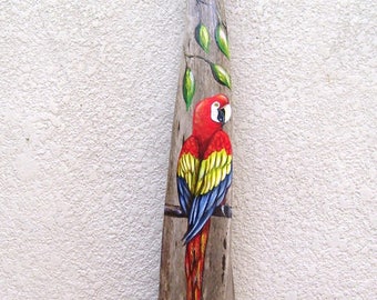 Red McCaw Parrot Painted on Palm Seed Pod Frond Hand Painted