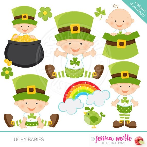 Lucky Babies Cute Digital Clipart for Invitations, Card Design, Scrapbooking, and Web Design, St Patricks Day Clipart Il_570xn