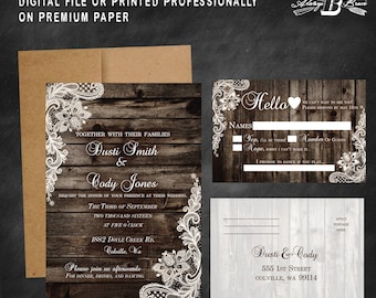 Rustic Wedding Invitation SET | Lace Wedding Invitation | Printed Invite | Printable Digital File DIY | Wood Wedding Invitation