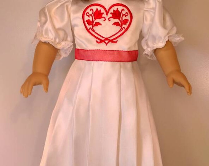 White satin with heart embroidery dress fits dolls like American Girl and 18" dolls