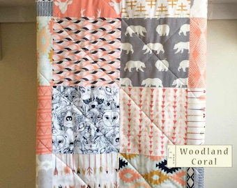 Baby Quilt, Girl, Woodland, Coral, Deer Quilt, Native Blanket, Arrows, Bear Quilt, Coral, Grey, Minky Quilt, Crib Bedding, Woodland Coral