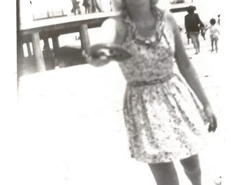 Vintage Snapshot "Frisbee On The Beach" Pretty Girl 1940's Swimsuit Sunglasses Found Photo
