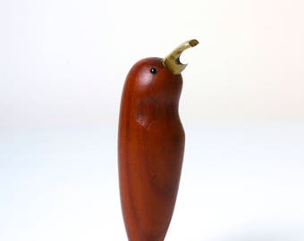 Danish Modern teak bird bottle opener corkscrew, Leo Kari 1960s Scandinavian design, Hans Bolling Kay Bojesen Eames era, retro barware