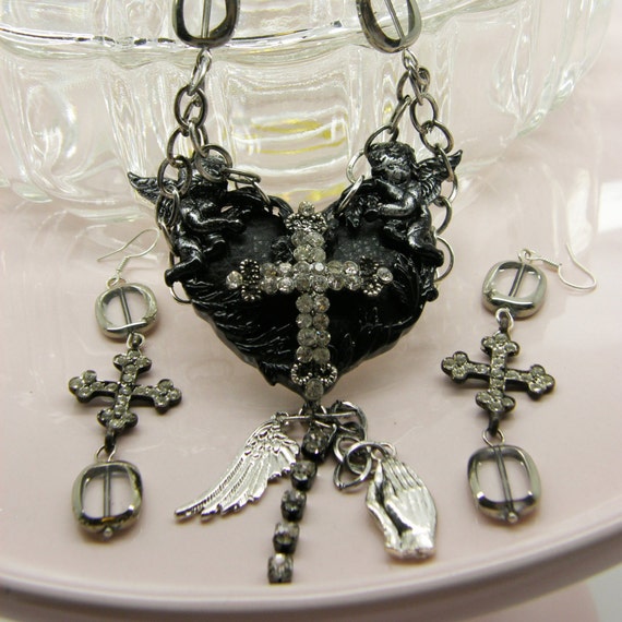 Beautiful Cross Assemblage Necklace and Earrings Set. Rhinestone encrusted cross, Heart, Angels, Angel Wings, Statement Necklace, Religious by TheEmbellishingRoom steampunk buy now online