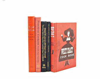 Orange CookBOoks, Decorative Books, Kitchen decor, Old Book Set, Coral book collection, HOme Decor, West Coast Cooking, Cocktails