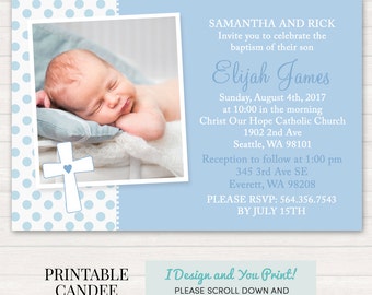 Printable Baby Boy Baptism Invitation Blue and White Damask