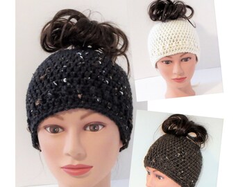 Classic Messy Bun Hat Crochet Pattern, Ponytail Hat Pattern, Messy Bun Beanie Pattern, Adjustable Messy Bun Hats, Instant Download