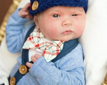 Newborn Baby Boy Coming Home Outfit Set. Cardigan Bodysuit, Bow Tie Bodysuit, Navy Blue Pants & Newsboy Hat. Baby Shower Gift. Gender Reveal