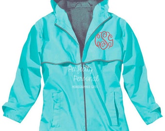Charles River New Englander Monogrammed Rain Jacket Waterproof More Colors XS-3X Gray Mesh Lined Coat ~ Full Zip ~ Hooded