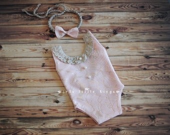 Rose Gold Newborn Romper blush girl bodysuit SET lace romper newborn tieback Newborn girl Prop bodysuit blush romper pink prop Made to Order