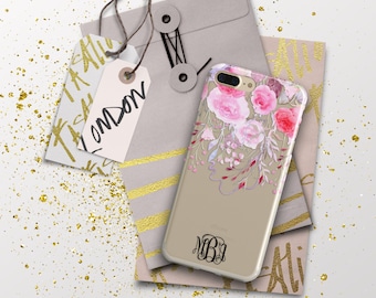 Iphone 7 Plus case clear with design, Clear iPhone case with monogram, Floral Pink outfit accessory, Personalized gifts for wife (1744)