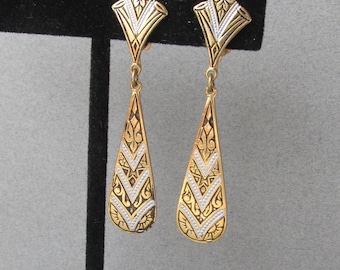 Vintage Signed SPAIN Long Thin Damascene Dangle Earrings