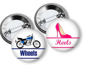 Wheels or Heels Gender Reveal Party Favors 1.25 inch pinback buttons Team Boy Team Girl Buttons Pins Badges