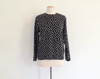 black silk blouse / vintage silk shirt long sleeve 90s blouses black and white blouse