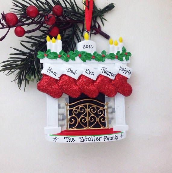 5 Christmas Stockings by the Fireplace Ornament / Personalized