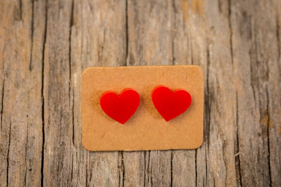 Free SHIPPING WORLDWIDE - Red Heart Earrings - Surgical Steel - Studs - Gift Box - Handmade Bamboo Wood Earrings - Acrylic Studs