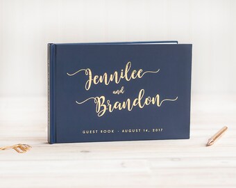 Wedding Guest Book landscape guestbook horizontal wedding album Personalized Navy Gold Foil hardcover wedding guest book wedding journal