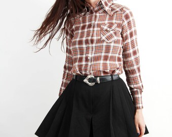 Vintage Brown Plaid Shirts / Plaid Shirts / Button Down Shirts / Cotton Shirt / Long Sleeve Shirts / Size S