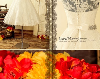 1950's Style Short Wedding Dress from Alencon Lace with Illusion Neckline, 50s Style Knee Length Wedding Dress, Short Wedding Dress