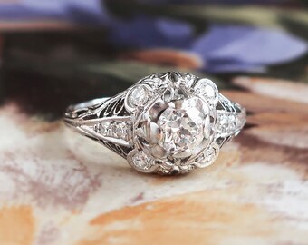 art deco engagement ring vintage 1930s old european cut diamond filigree halo engagement wedding anniversary ring - Wedding Rings Vintage art deco engagement ring vintage 1930s old european cut diamond filigree halo engagement wedding anniversary ring - Wedding Rings Vintage