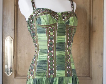 1950s Tiki Swimsuit / Bathing Suit - Green Brown Size M By Tricotbest