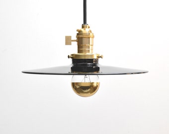 Modern Pendant Light - Mid Century Pendant Light - Industrial Pendant Light - Brass Pendant Light - Solid Brass  Black Porcelain Flat Shade