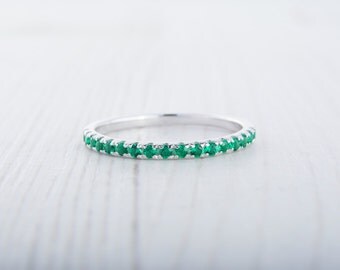 1.8mm wide Natural Emerald Half Eternity stacking ring in white gold or Silver - stacking ring - wedding band - handmade engagement ring
