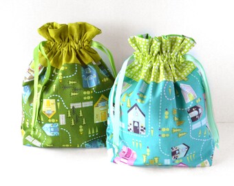 Green Knitting Project Bag Drawstring Bag, Kids Gift Wrap, Reusable Gift Bag, Blue Gift Wrapping, Kids Fabric Bag, Green Toy Storage Bag