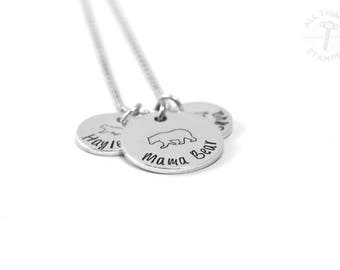 Mama Bear Necklace - Hand Stamped - Engraved Momma Bear - Personalized Bear Necklace - Silver - Gift for Mom - Mother's Day - Baby Shower