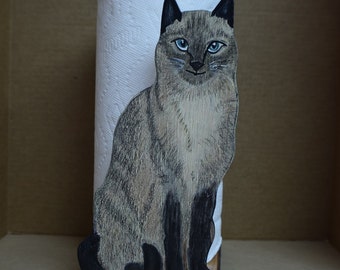 Siamese Cat Paper Towel Holder, Unique, Wooden, Handmade and Hand-painted you'll love it’s beautiful eyes and muscular body, Ready to Use.