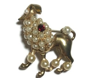 Vintage Pearl Goldtone Poodle Dog Brooch, Poodle Pin, Dog Pin, Animal Pin