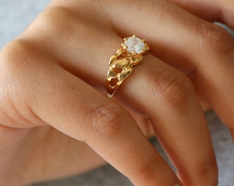 Clear Crystal Gold Ring - Solitaire Gold Ring - 7.25 ring - Gift For Her - Crystal Gold ring