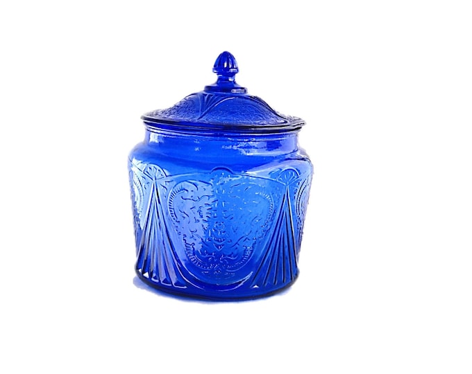 Vintage Cookie Jar with Lid - Royal Lace Cobalt Blue by Hazel-Atlas - Antique Cobalt Blue Cracker Barrel - Depression Glass Biscuit Jars