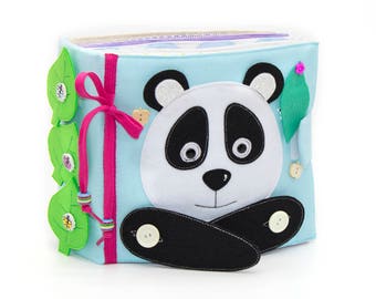 Quiet book light blue educational toy toddler baby developmental eco friendly panda 12 pages by MiniMom’s